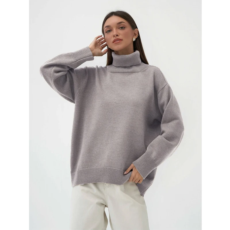 Sweet Light Luxury Knit Sweater Autumn and Winter Women's Classic Solid Color High Neck Loose Warm Elastic Casual Knit Sweater