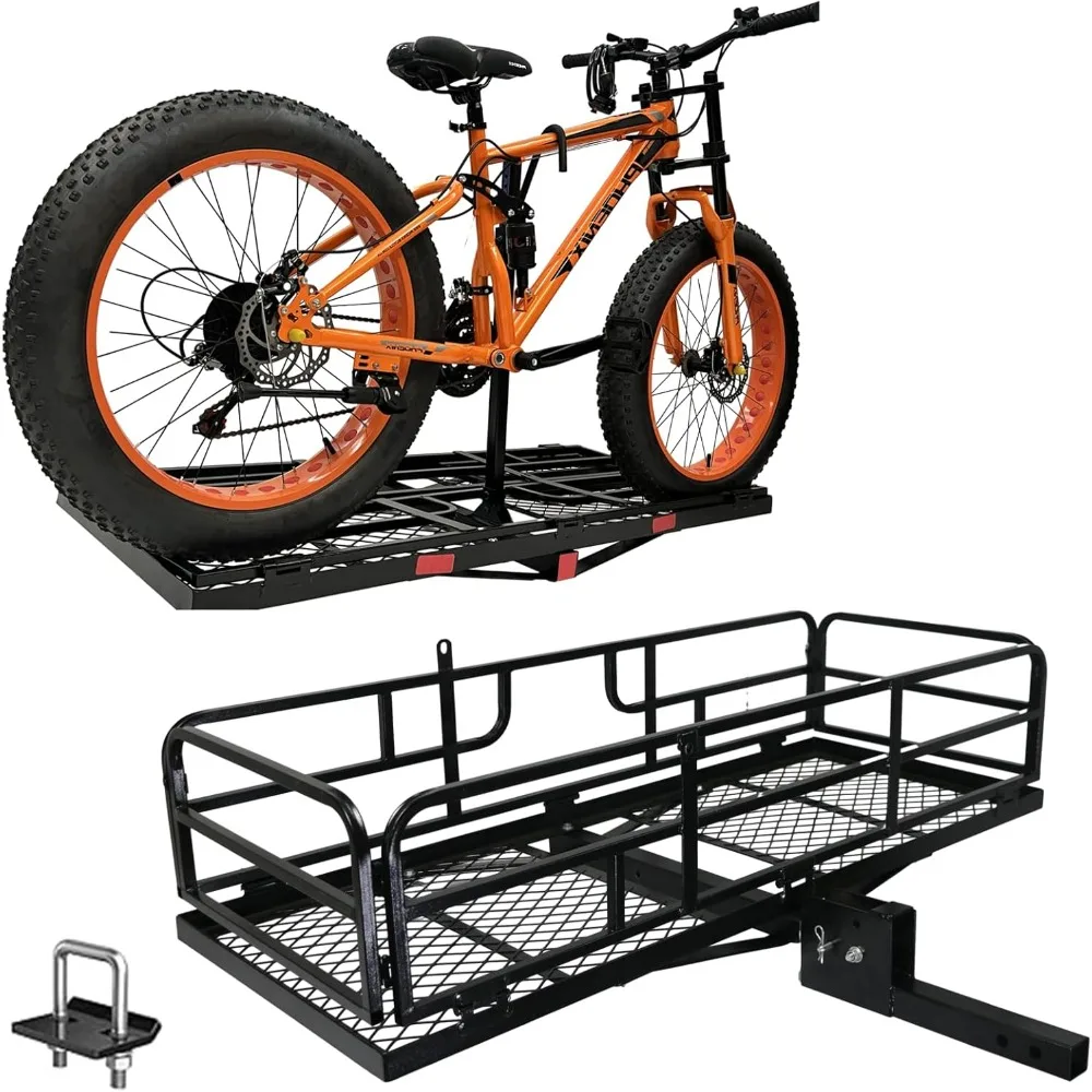 

Hitch Mount Cargo Carrier Basket - Comes with Bike Rack Fits 2 Ebike Fat-Tire Electric Bicycle with Folding Heavy Duty Trailer