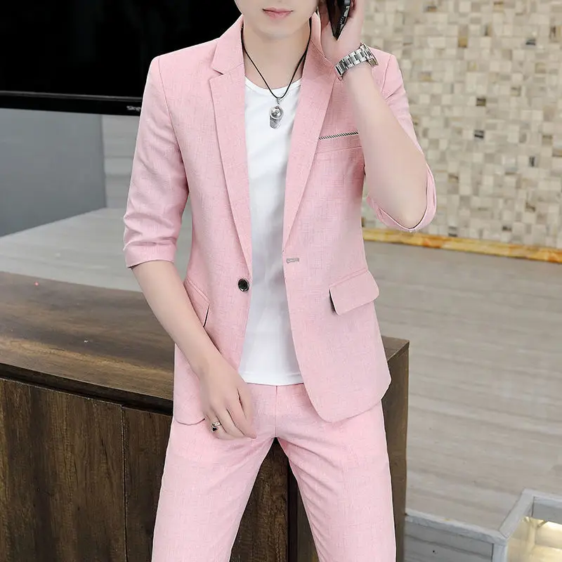 

High-End Suit For Men Summer Korean Slim Fit Business Casual Set Half Sleeve Jacket Latest Coat Pant Designs Formal Korean Pink