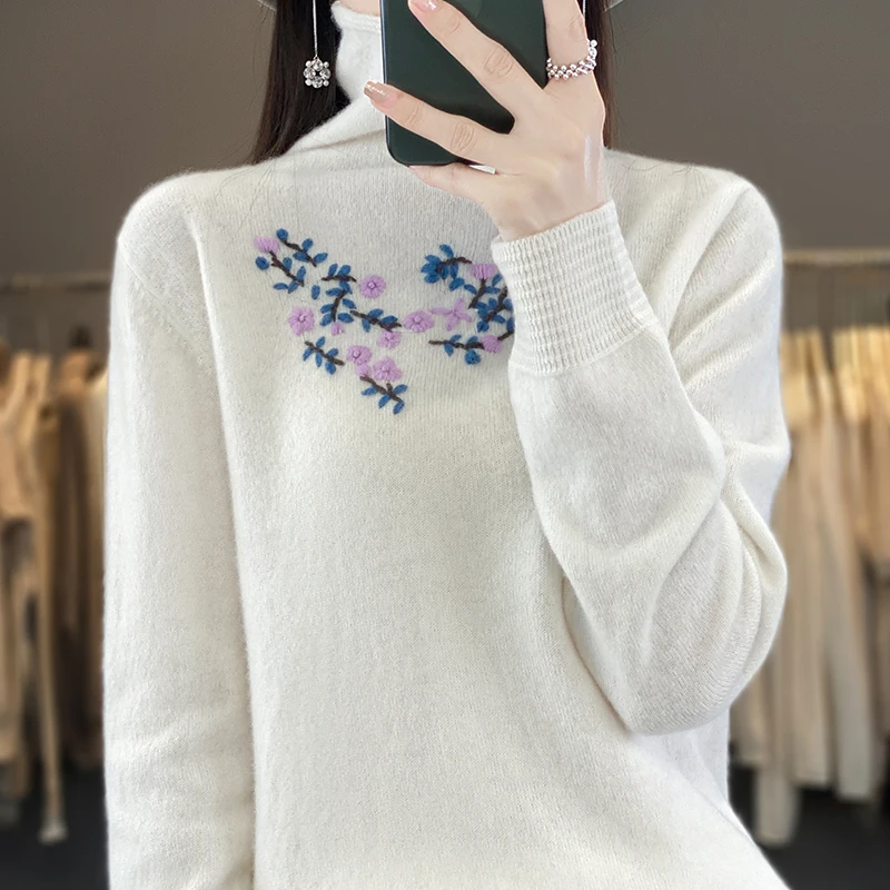 

Fashion long sleeved women's knitted pullover sweater 100% Australian wool sweater hot selling women's high neck sweater M-XXL