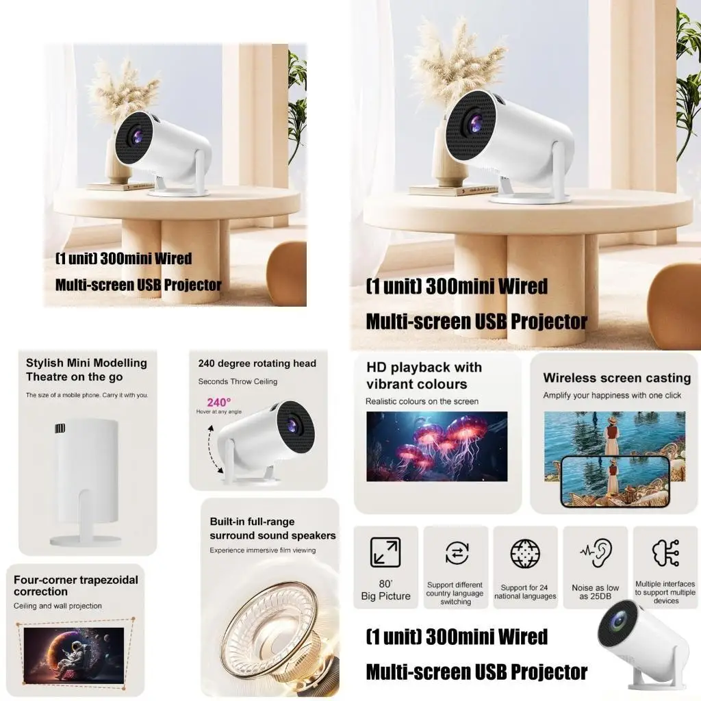 

E56B USB Мини-проектор Многоцелевой объектив с вращением на 240 градусов и автоматической коррекцией