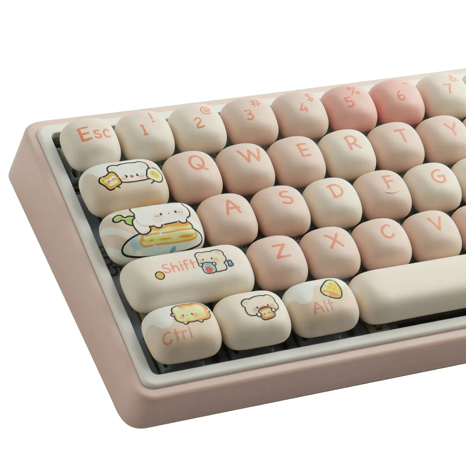 PBT Keycaps Bread Bear Rounded Keycaps Pink And Cute MOG Keycap Dye Sublimation, 144 Key For MX Switch Mechanical Keyboard