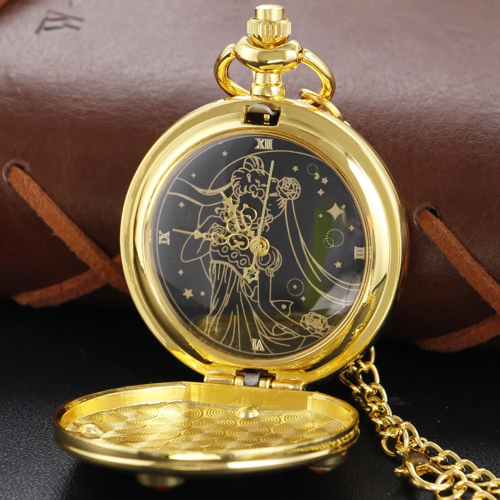 Japanese Classic Girl Anime Girl Warrior Quartz Pocket Watch Exquisite Necklace Pendant Chain Watch Women's Gift Fob Watch