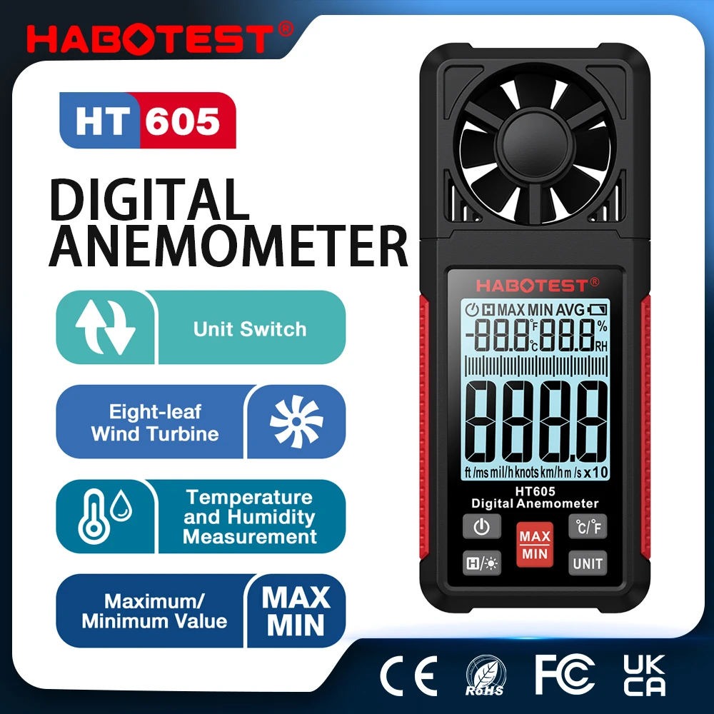 HABOTEST HT605 605s Digital Anemometer Portable Wind Speed Meter Windmeter LCD Backlight Display Temperature Humidity Meter