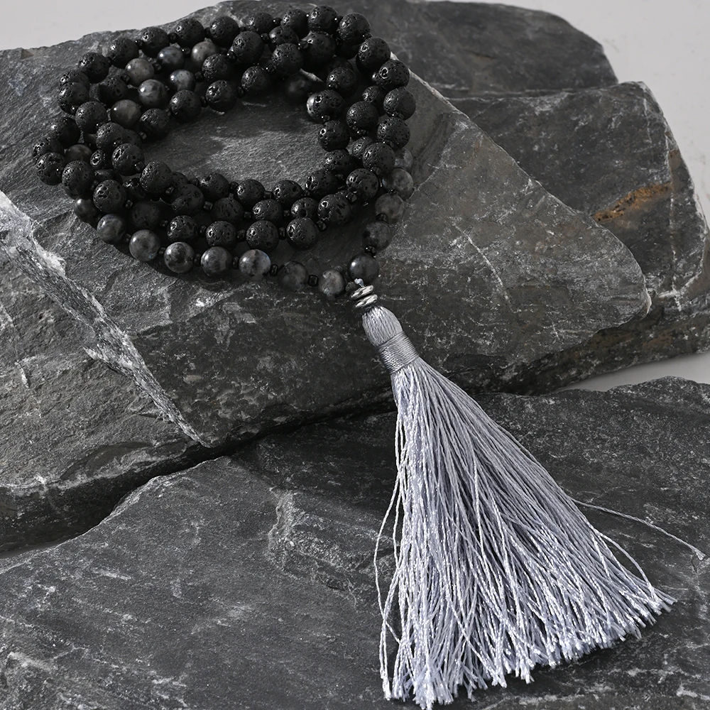 1PC Summer Gothic Vacation Style Black Volcanic Stone White Pine Stone Beaded Men's Tassel Necklace