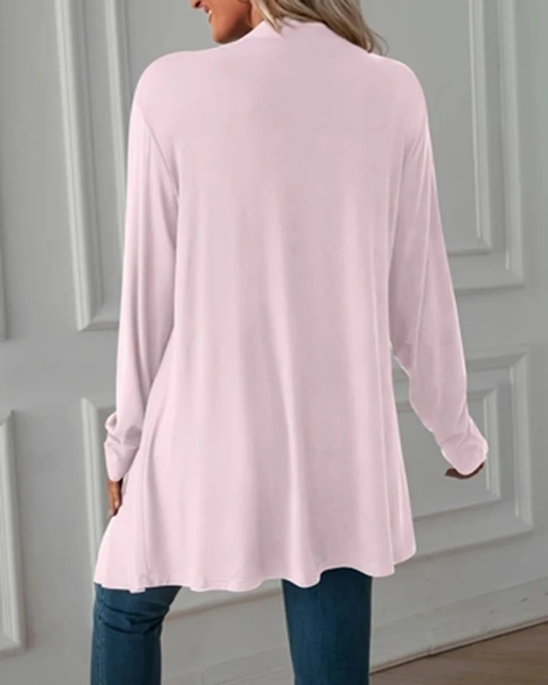 Plus Size Solid Color Open Front Top, Casualowy top z długim rękawem na wiosnę i jesień, odzież damska w dużych rozmiarach