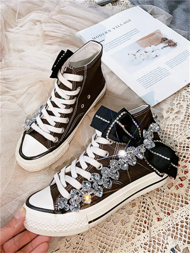 

Original Luxury Crystal Flat Bottom Lace up Women's Canvas Shoes Heavy Industry Diamond Lace up Round Head Trendy Cool Board Sho