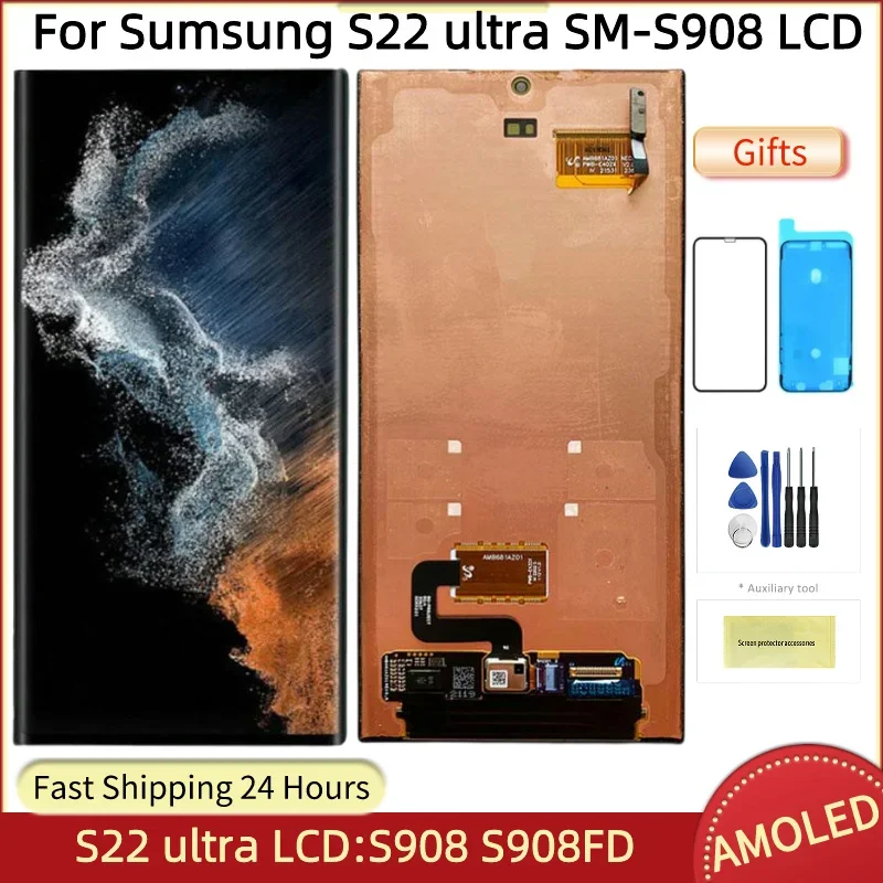 100%AMOLED S22 Ultra 5G Screen for Samsung Galaxy S22 Ultra 5G S908B S908B/DS LCD Display Digital Touch Screen Replacement