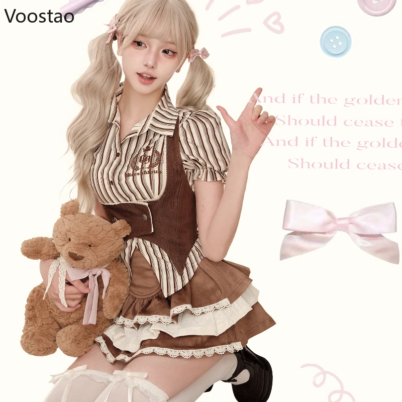 Kawaii Lolita Style 3 Piece Set Women Vintage Cute Stripe Shirt Tops Vest Lace Ruffles Mini Cake Skirts Female Korean Sweet Suit