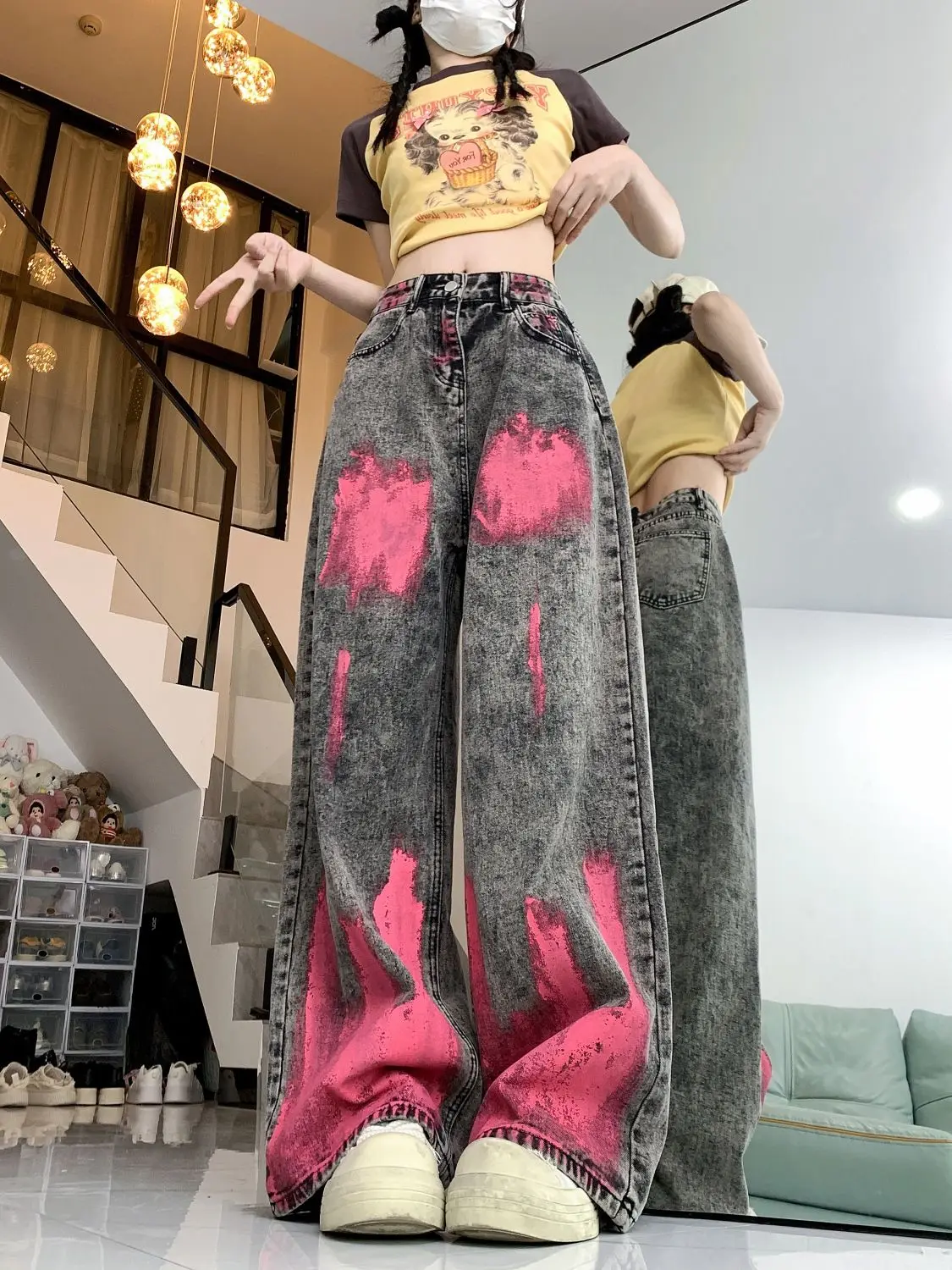 Graffiti Design Jeans American High Street Personality Retro Wide-Leg Pants Women Hip-Hop Loose Fall Dare Mop The Floor Trousers