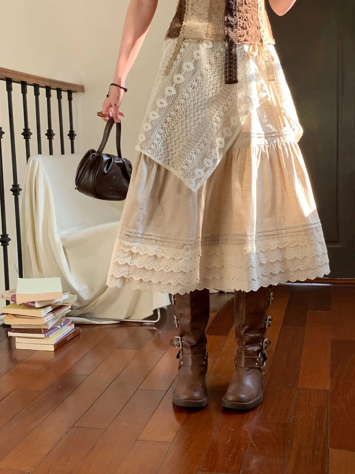 

Женская юбка А-силуэта миди большого размера с кружевной отделкой, из смесового хлопка и льна, весенняя повседневная одежда для всех типов фигуры