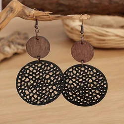 Hollow Out Round Drop Earrings Bohemian Vintage Wooden Leather Earrings Jewelry Gift Accessories For TeenGirls Women Fall Winter