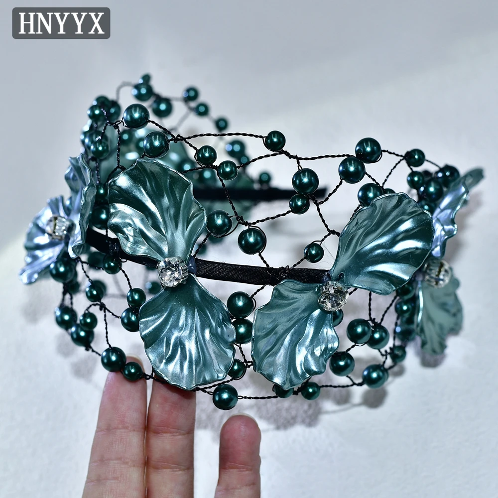 HNYYX Handmade Wedding AB Flower Headwear Blue Imitation Pearl Headband Women Girl Head Hoop Bride Jewelry Hair Accessories A187