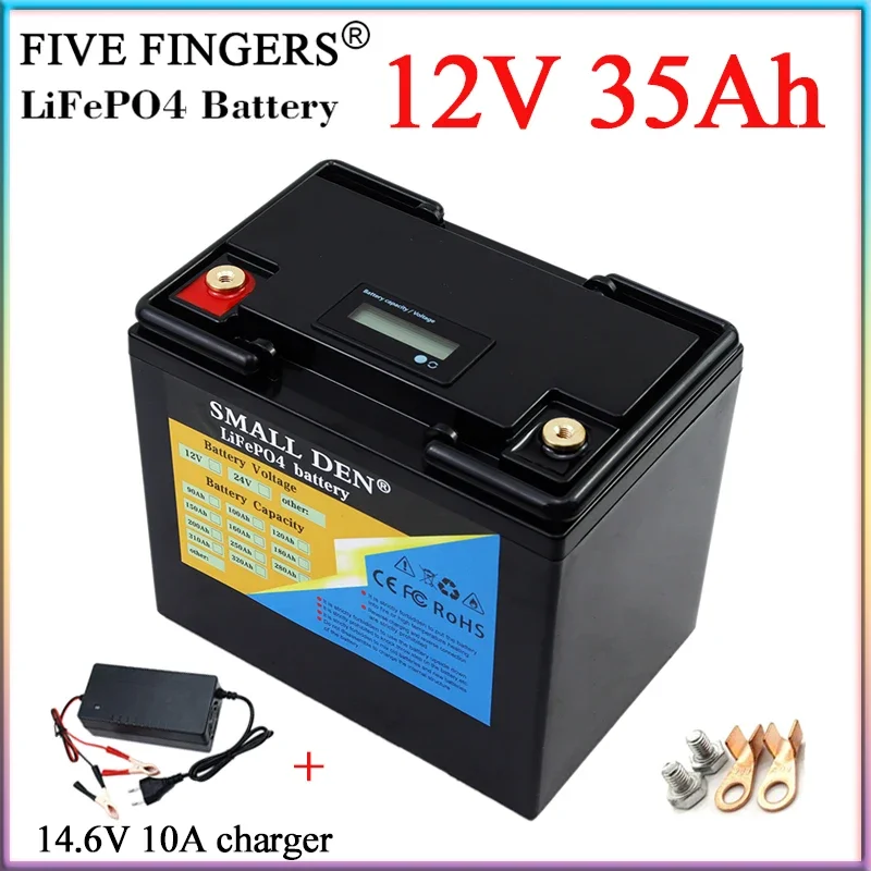 12V 35Ah LiFePO4 Battery Pack 650W motor With BMS For E-boat RV Car start inverter Solar LED Light Power tools+14.6V 10A Charger