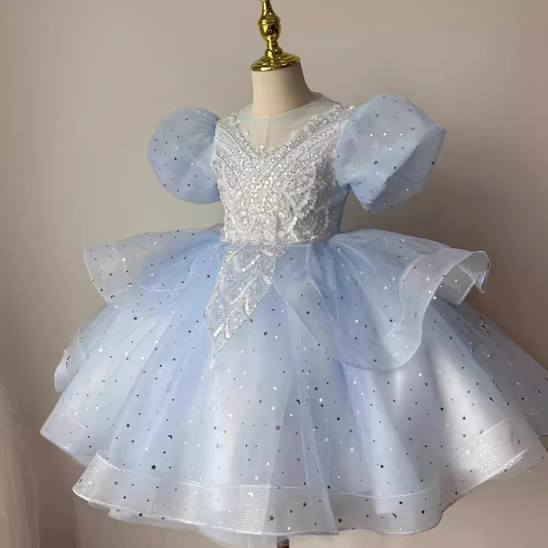 2024 Flower Girl Dress Princess Girl Sequins Short sleeve Children's Wedding Party Dress Fluffy Mesh Wedding Dress