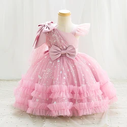 Toddler Girls Party Dress Sequins Princess Evening Mesh Gown Girls Fly Sleeves Bow 0-4Years Birthday Weddings Baby Girls Dress