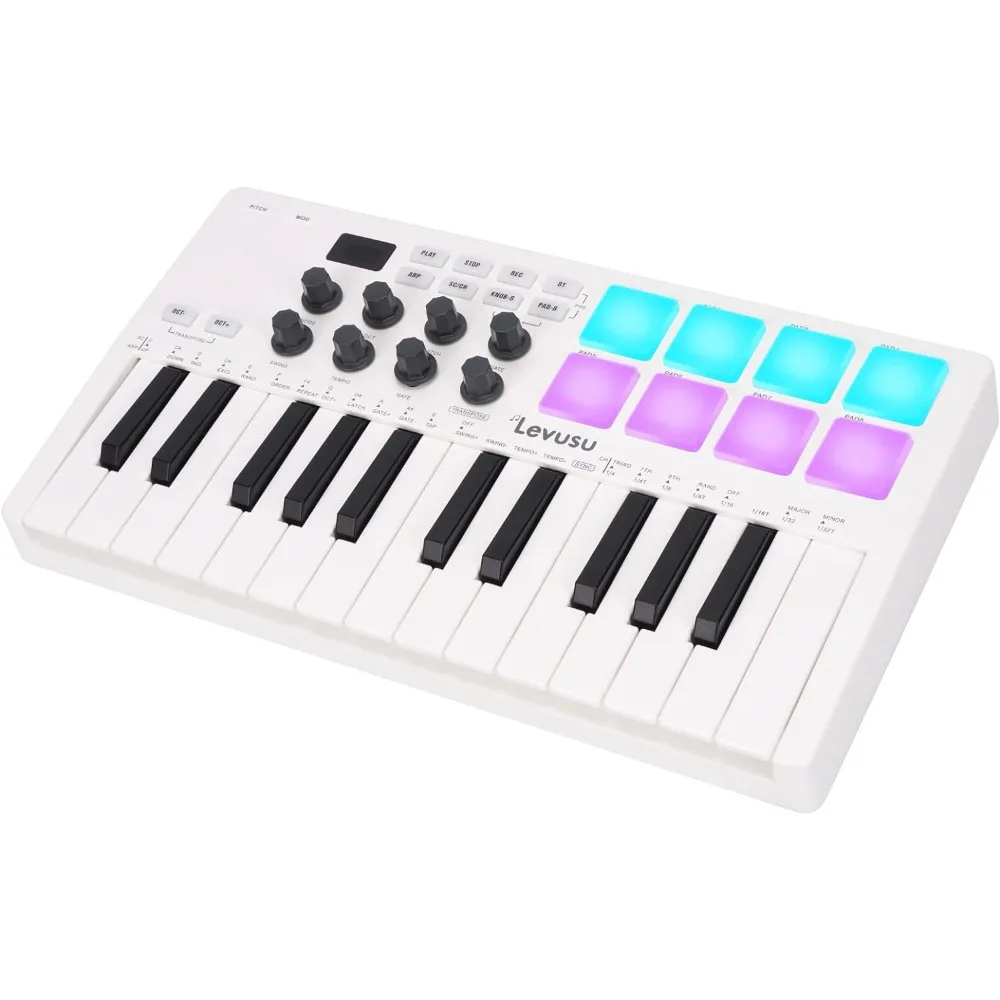 

25 Key Bluetooth USB MIDI Keyboard Controller With 8 Backlit Drum Pads, Portable Rechargeable Dynamic Keybed 8 Knobs (White)