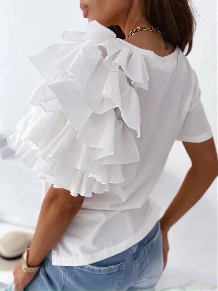 Women Summer Ruffles Short Sleeve Loose T Shirt Chic Elegant Solid O Neck Tops Casual Simple All Match Tee Streetwear Blouse