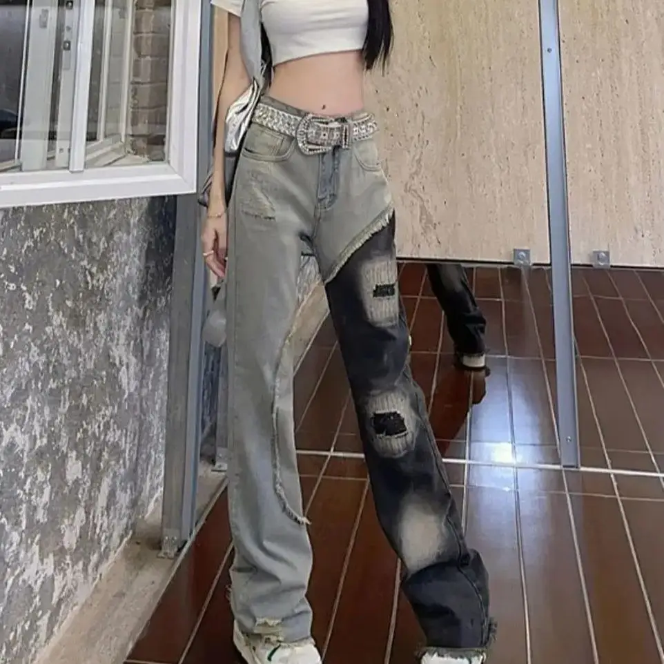 

American High Street Hot Girl Patchwork Jeans 2025 Spring New Retro Design High Waist Straight Leg Slightly Flared Long Pants