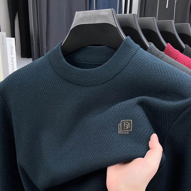 

Men's autumn winter high quality fleece-lined long sleeves pullover round neck keep warm knit sweater leisure trend Men clothing