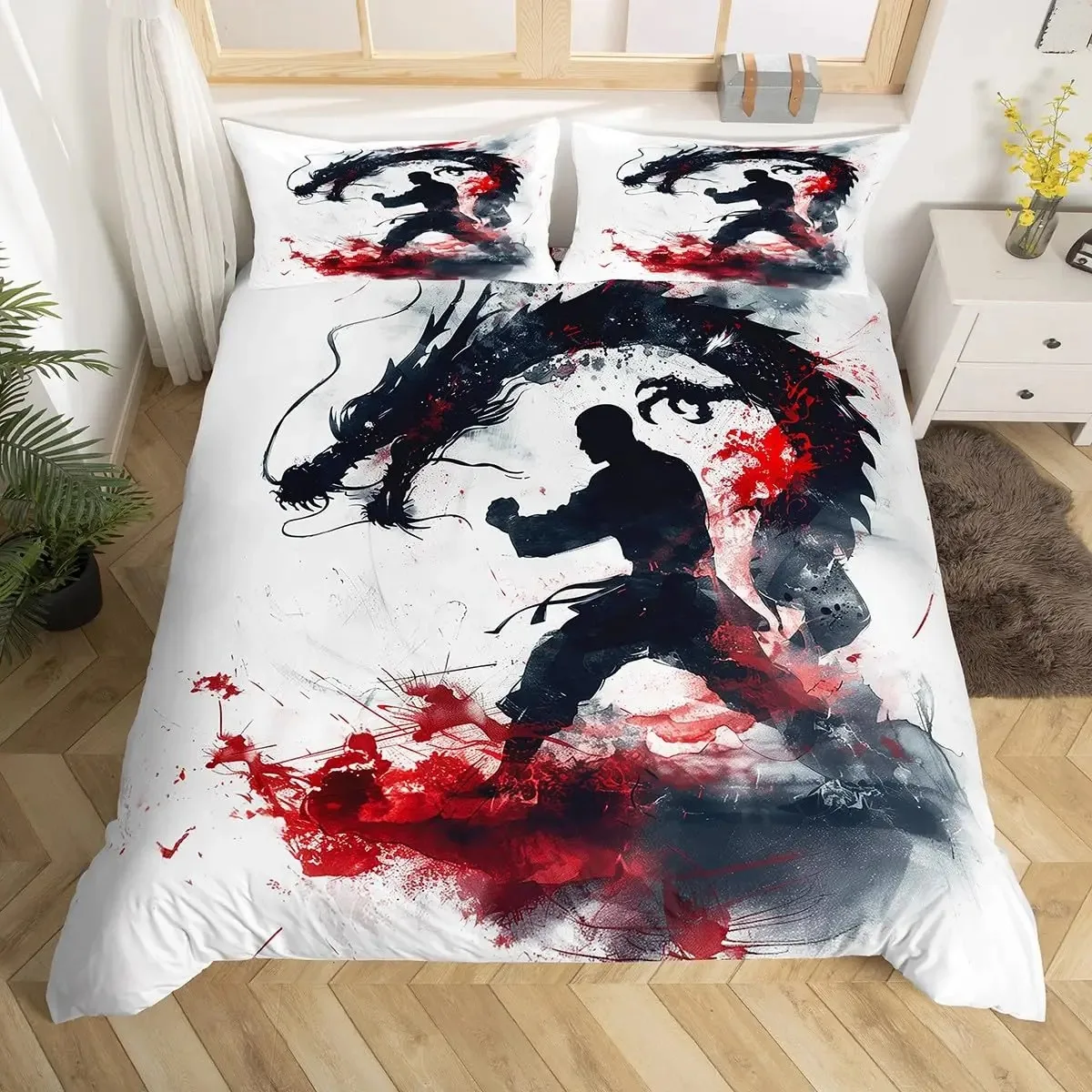 Taekwondo Duvet Cover Set King Queen Size,Chinese Martial Art Kung Fu Bedding Set,sport Theme Quilt Cover with 2 Pillowcases