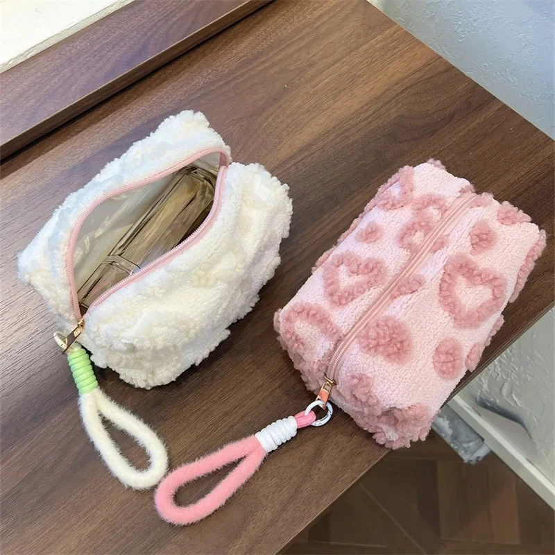 Plush Makeup Bags with Handle Soft Travel Cosmetic Storage Bag Portable Love Print Organizer Pencil Case Cute Clutch Pouch view 4