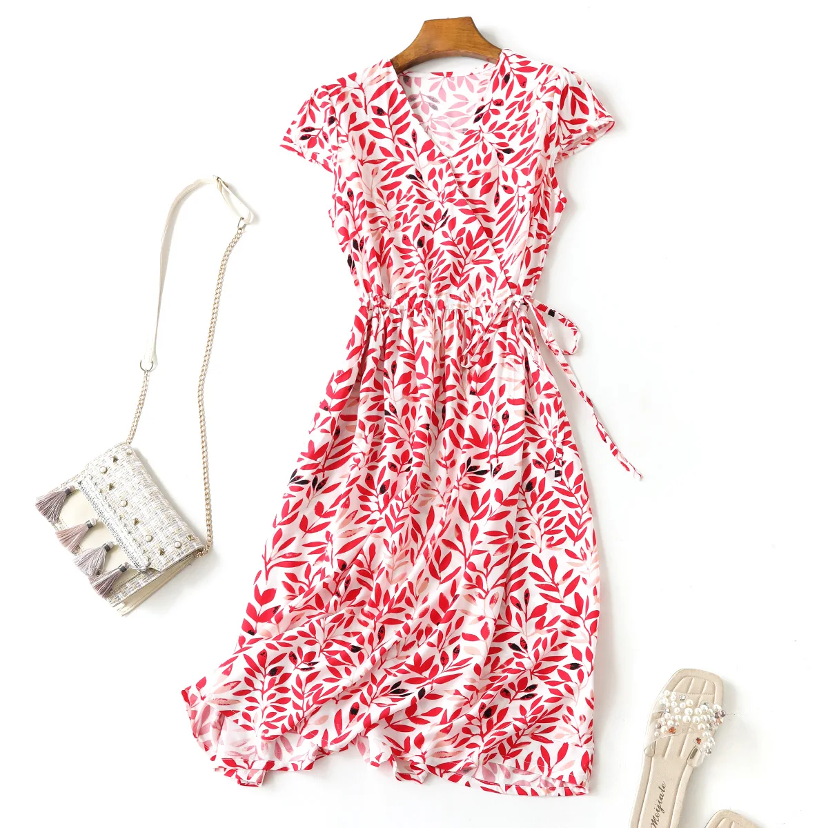 

Silk Cotton Floral Women Dresses Summer New Design 2024 V-Neck Bandage Slim Knee-Length Elegant Office Lady Clothing