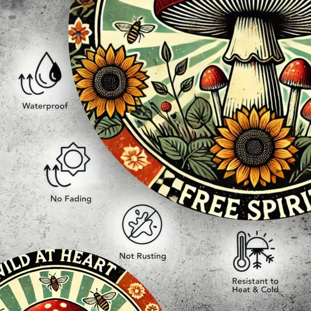 لافتة معدنية على شكل عباد الشمس والنحل والفطر، فن معلق من الحديد الدائري المطبوع المسطح، ديكور جداري مقاس 8 بوصات لنوادي الحانات والمقاهي #4