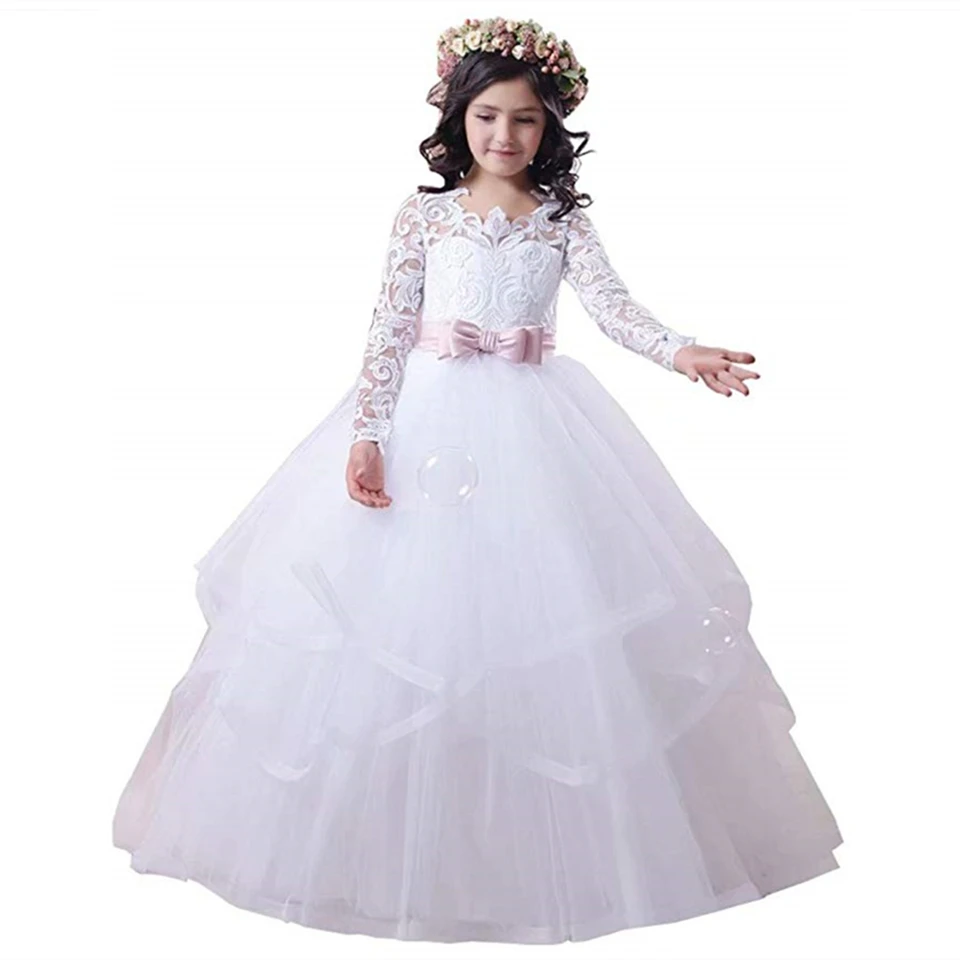 HYGLJL Lace Flower Girl Dresses For Wedding Lovely Puffy Ball Gown With Waistband First Communion Birthday Party Princess