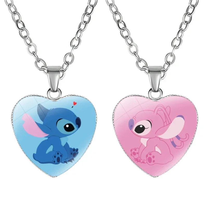 Disney Anime Stitch Cartoon Heart Necklace Lilo & Stitch Photo Printed Glass Pendant Kids Handmade Jewelry Girls Birthday Gifts