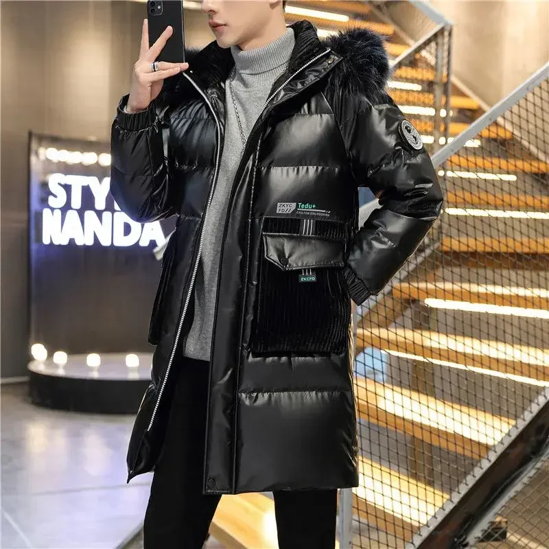 Winter New Men Mid-Length Down Cotton-Padded Jacket Mid-Length Trendy Bright Leather Hooded Parka Male Casual Large Size Outwear