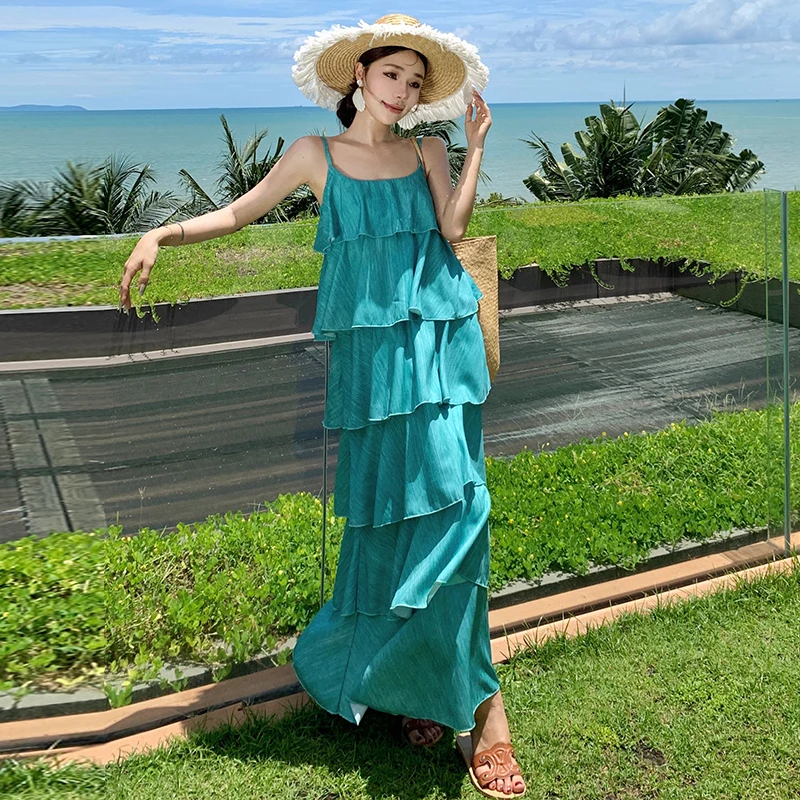 Womne sexy elegante praia festa estilo vestido verão novo solto suspender em camadas plissado borda cintura alta magro a linha vestido para mulher