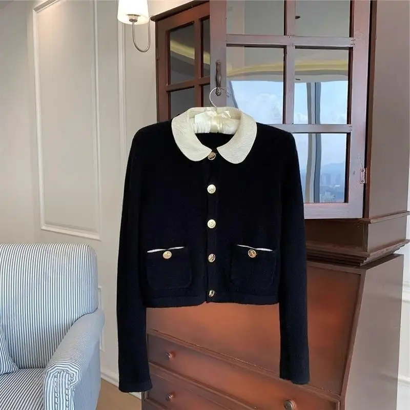 

Korean Sle Woolen Doll Collar Knitted Sweater Women's Early Autumn Open Cardigan Coat ort Length Long Sve Buttoned