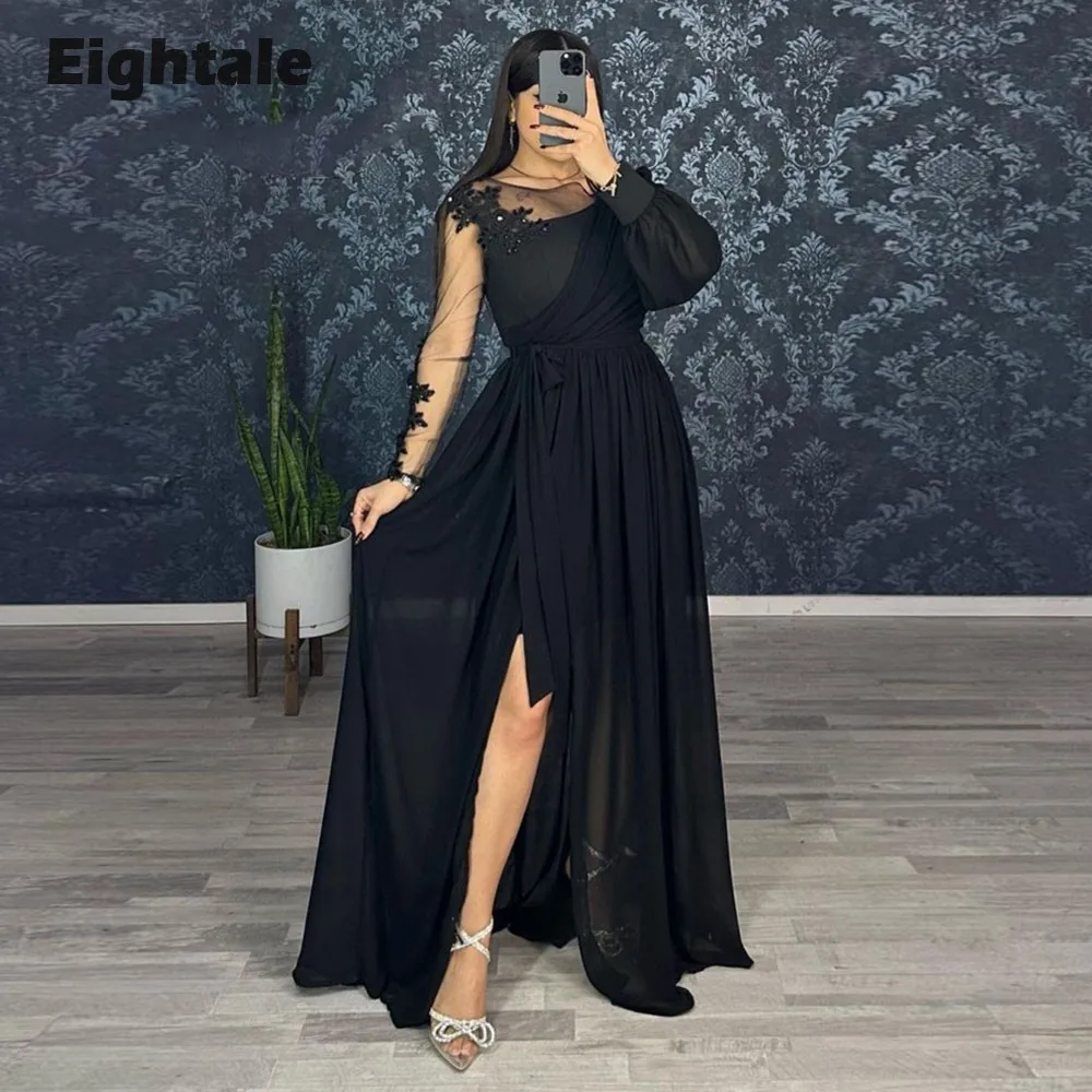 Eightale elegante vestidos de noite O-Neck apliques frisado personalizado Chiffon mangas compridas Prom Party Gown abendkleid