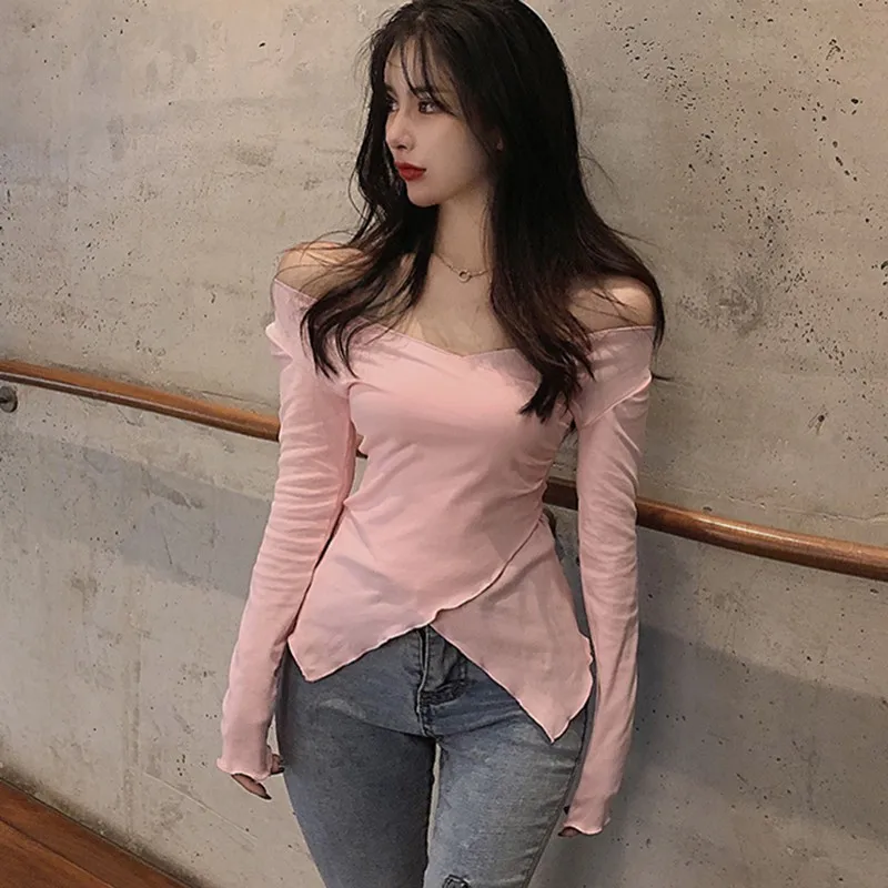 Off Shoulder Pullover Women Autumn Long Sleeve Sweet Tee Tops Sexy Slim V neck T-shirt Elegant Casual Thin Skinny Crop Tops