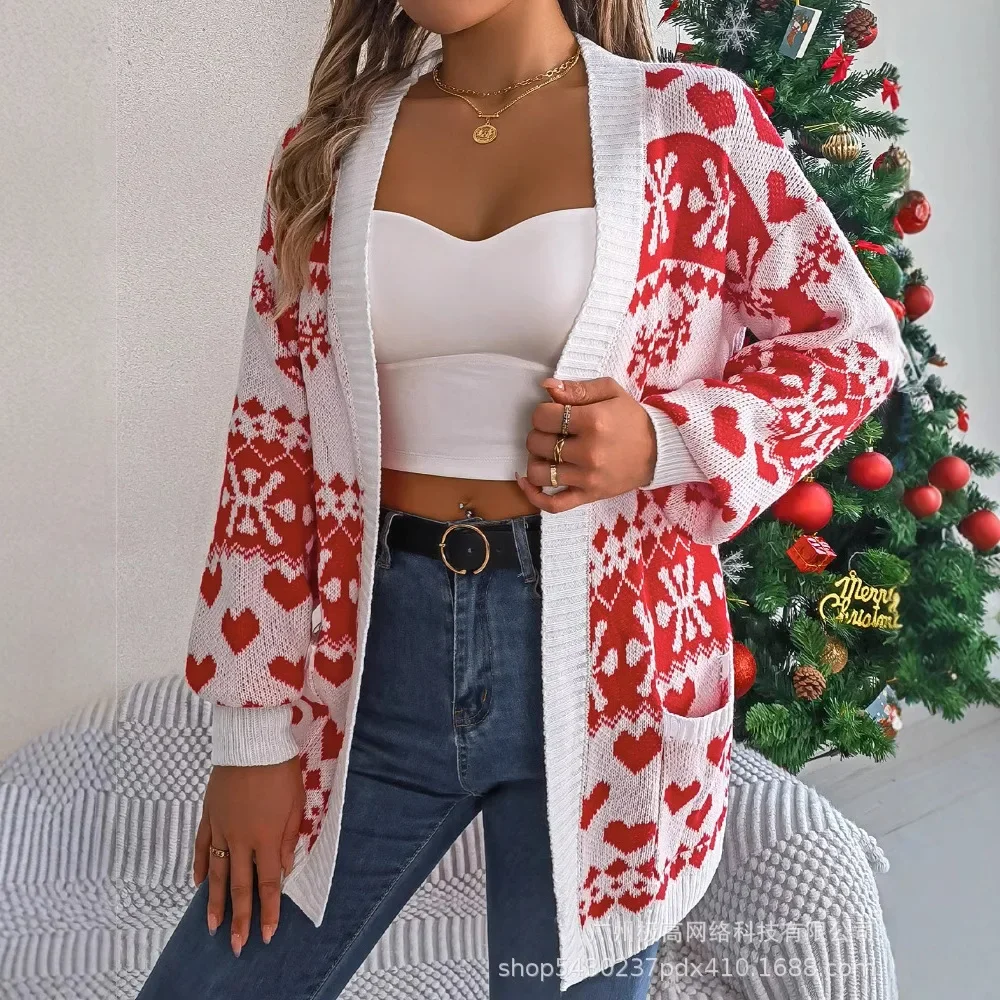 

Loose Open Cardigan Pocket Women Autumn Winter Christmas Long Sleeve Cardigan Sweater Jacket