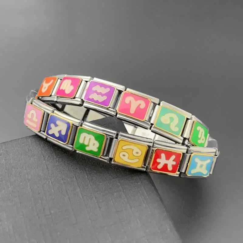 Pulsera italiana de acero inoxidable para mujeres y hombres, módulo de 12 Constelaciones, 12 patrones de estrellas empalmadas, cadenas de regalo