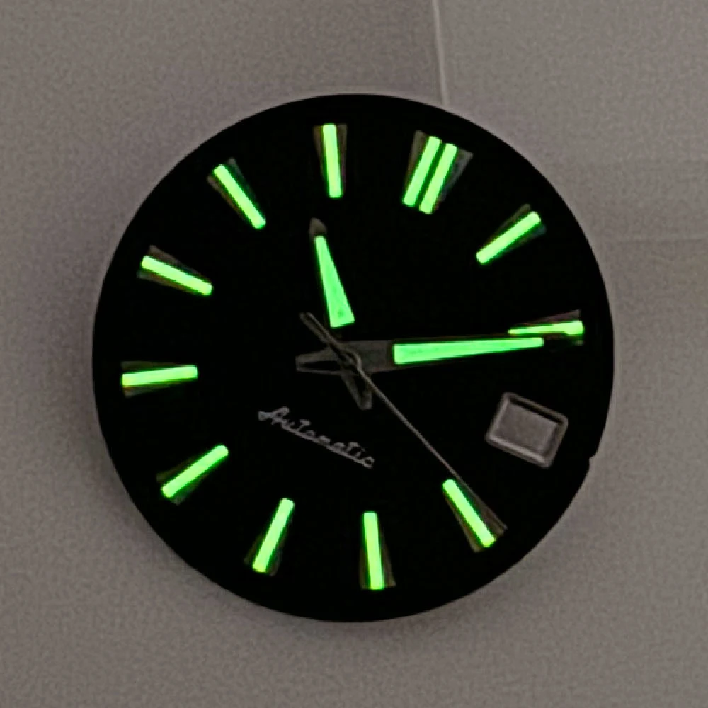Taucher uhr Teile steril 29mm Zifferblatt Zifferblatt für nh35 nh36 Uhrwerk grün leuchtend steril Silber Rand Hand Datums fenster
