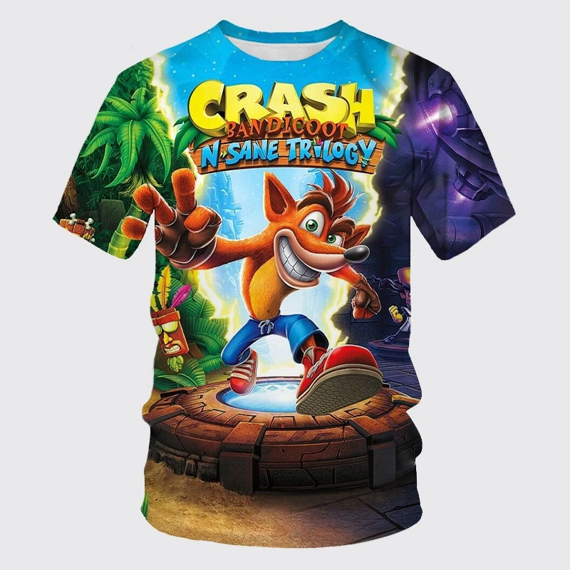 Crash Bandicoot nadruk 3D dla dzieci letnia moda na co dzień gra koszulka Top kreskówka dla dzieci z okrągłym dekoltem koszulka z krótkim rękawem