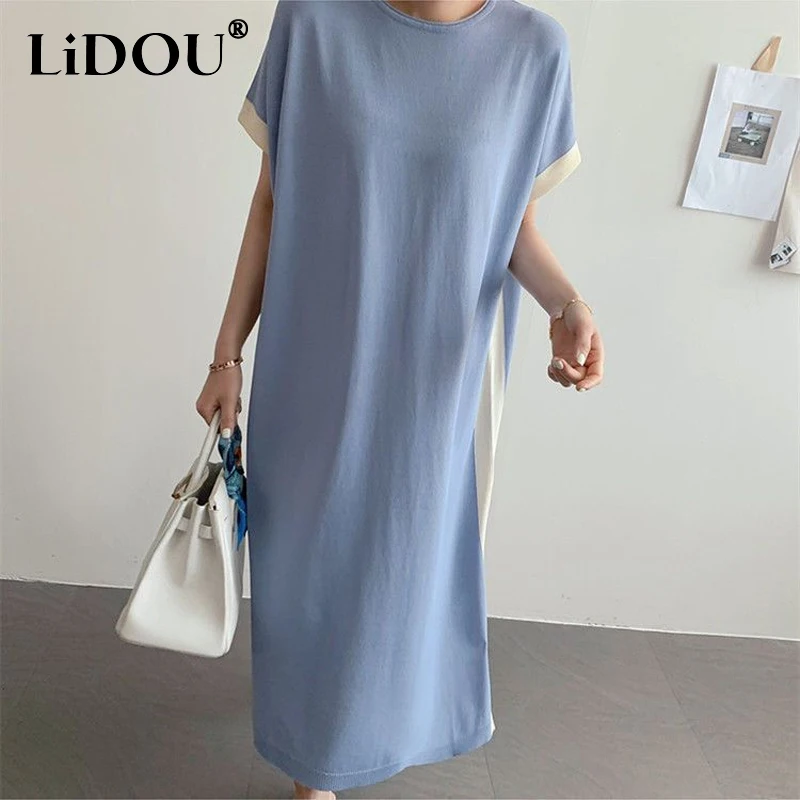 

Summer New Oversize Fashion Batwing Sleeve Straight Skirt 2023 Women Round Neck Contrast Color Patchwork Short Sleeve Maxi Dress