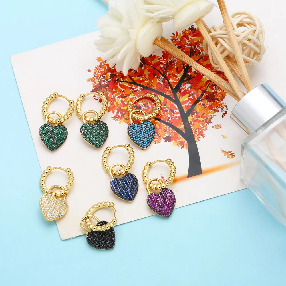 FLOLA Gold Plated Beads Hoop Heart Earrings for Women CZ Green Heart Dangle Earrings Lover Jewelry Valentine Gifts ersa322