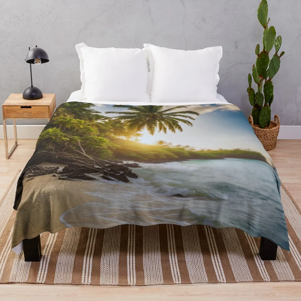 

Tropical landscape Palm tree exotic island Sunset beach Throw Blanket Shaggy blankets and throws Furry Giant Sofa Blankets