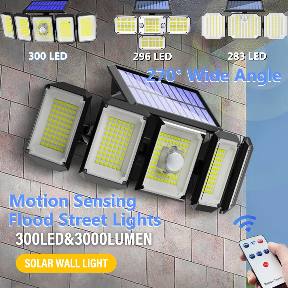 

Солнечные уличные настенные светильники 283/296/300 LED 3000LM с дистанционным управлением, водонепроницаемые с несколькими головками 270 ° Широкоугольные прожекторы уличные фонари