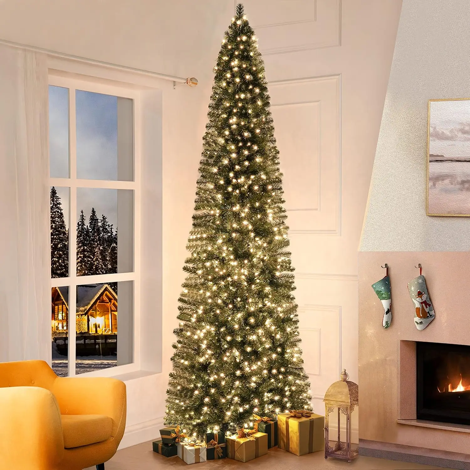 

Vienna 9ft Prelit Slim Artificial Christmas Tree with 1455 Branch Tips, 500 Warm Lights and Metal Stand, 37" Wide Realis