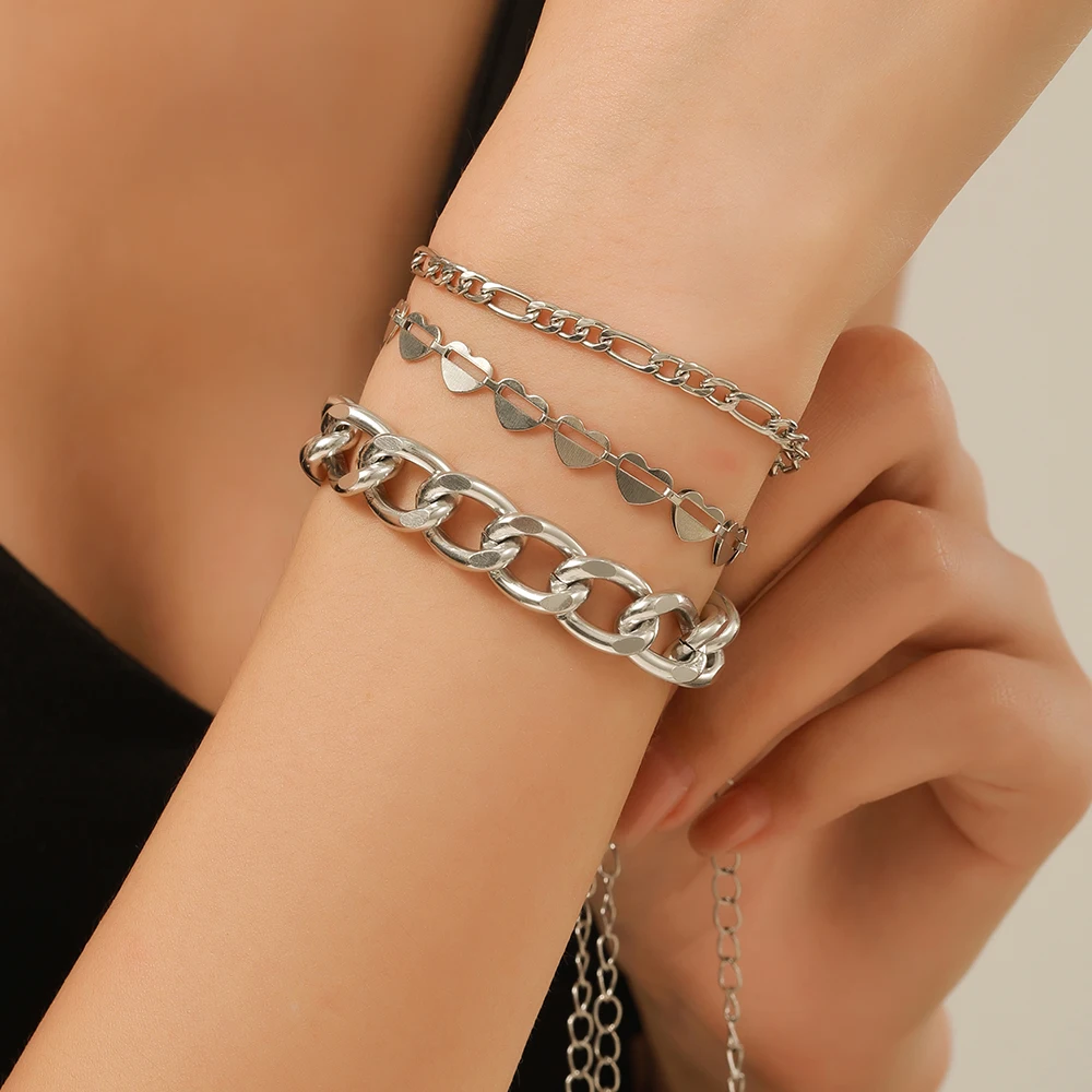 Stylish Simple Hip Hop Heart Bracelet 3-Piece Personalized Design Metal Chain Hipop Multi-Layer Alloy Matching Bracelet Jewelry