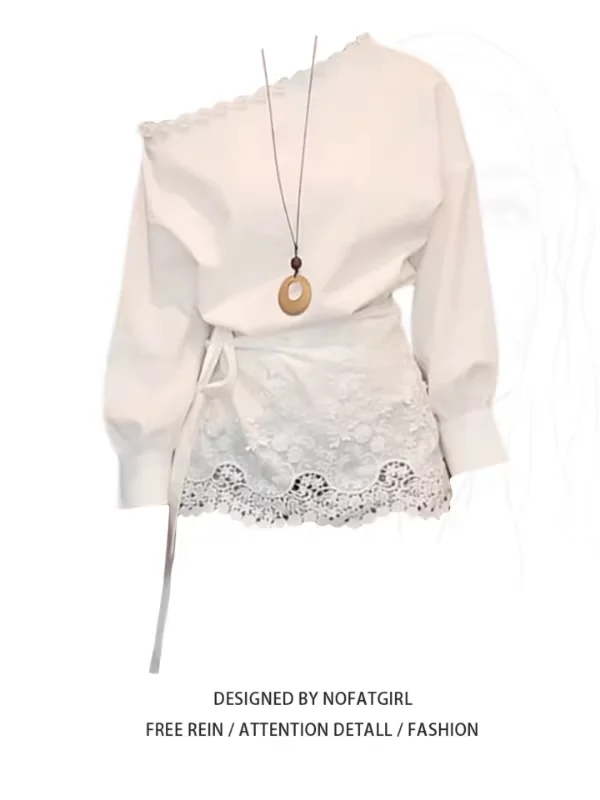 

plus Size Women's Shirt Floral Neck Design Slant Shoulder Long Sleeve Summer New Style Top Korean Style Commute Wind Waist in