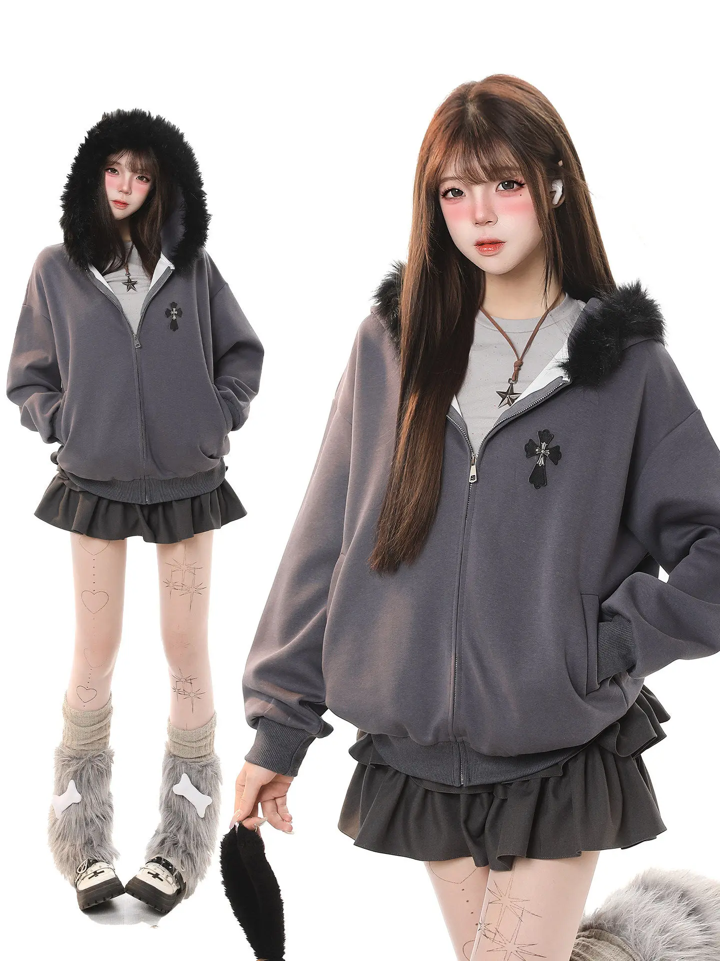 

Женская свободная повседневная куртка-кардиган в стиле ретро с капюшоном на молнии, универсальная, с меховым воротником, весенняя верхняя одежда