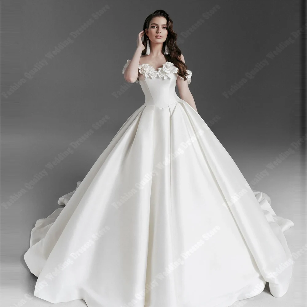 

Off Shoulder Satin Women Wedding Dresses Simple A-Line Backless Formal Sleeveless Floor Mopping Ball Vestido De Novia Customized