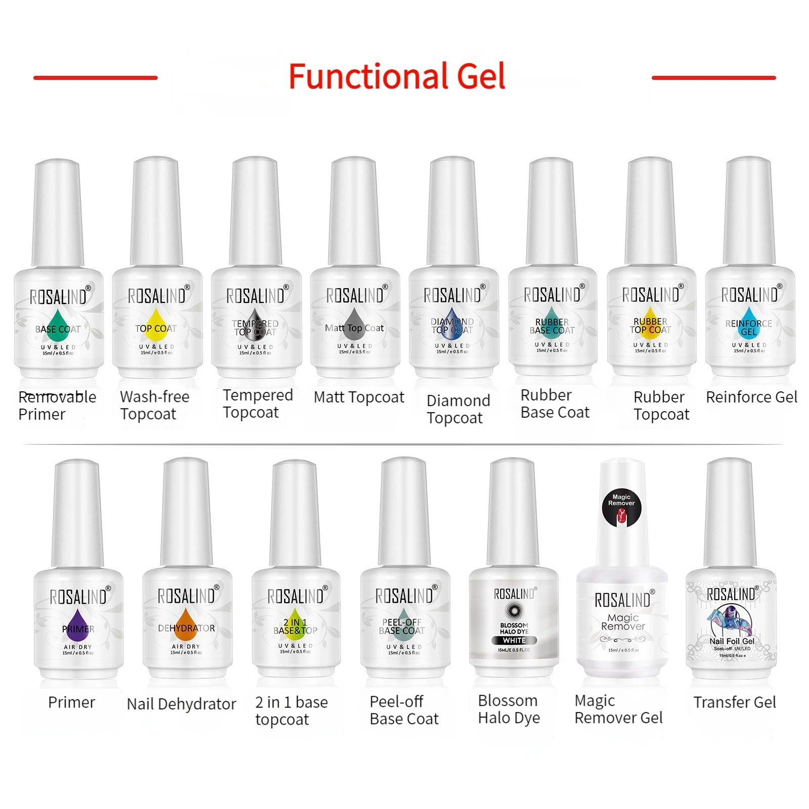 Rosalind 15ml Gel funzionale trasferimento Nail Foil Sticker colla adesiva trasferimento Gel Topcoat Base Coat Primer Diamond Topcoat