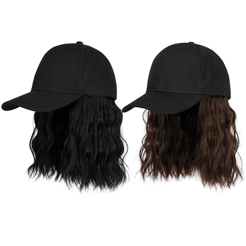 New Fashion Hat Hair Extensions Medium Long Ladies Curly Wigs Hats Connected Head Cover Synthetic Peaked Cap Wig For Women